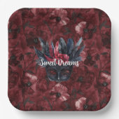 ブラックブルゴーニュレッドフェザーズマスクブライダルシャワー ペーパープレート (正面)