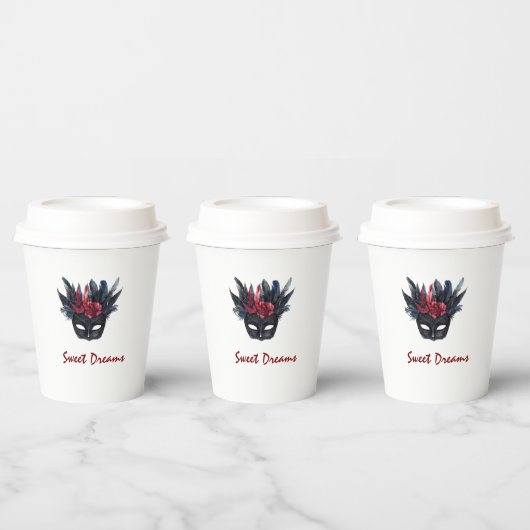 ブラックブルゴーニュレッドフェザーズマスクブライダルシャワー 紙コップ (複数)