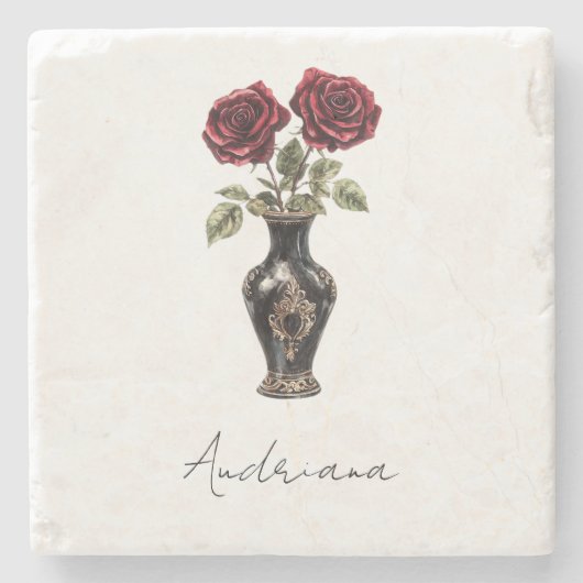 ブラックブルゴーニュ赤フローラ花瓶 ストーンコースター (正面)