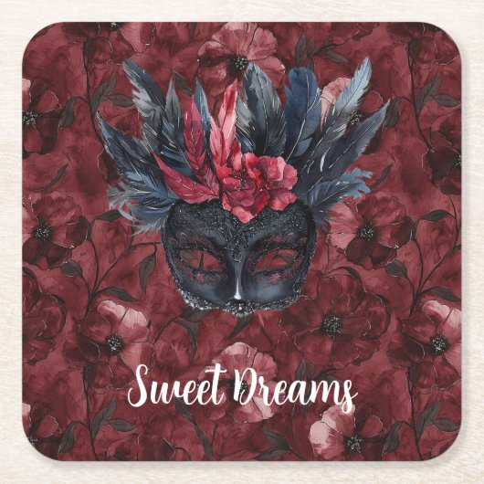 ブラックブルゴーニュ赤羽毛マスク スクエアペーパーコースター (正面)