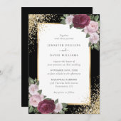 ブラックブルゴーニュ赤面ピンク金ゴールドフローラ結婚ズ 招待状 (正面/裏面)