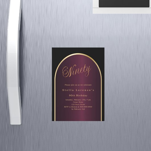 ブラックブルゴーニュ金ゴールドアーチラグジュアリー90歳の誕生日 マグネット招待状