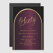 ブラックブルゴーニュ金ゴールドアーチ贅沢60歳の誕生日 マグネット招待状 (正面/裏面)