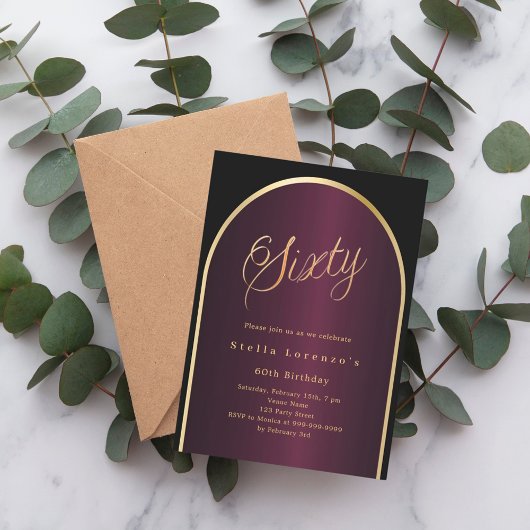 ブラックブルゴーニュ金ゴールドアーチ贅沢60歳の誕生日 招待状