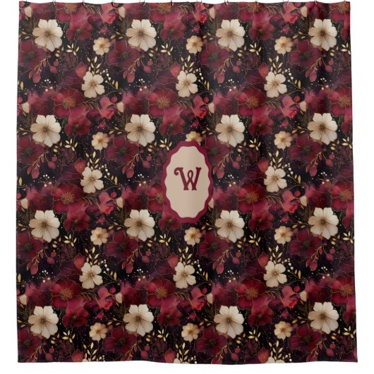 ブラックブルゴーニュ金ゴールドクリームヴィンテージフローラモノグラム シャワーカーテン (正面)