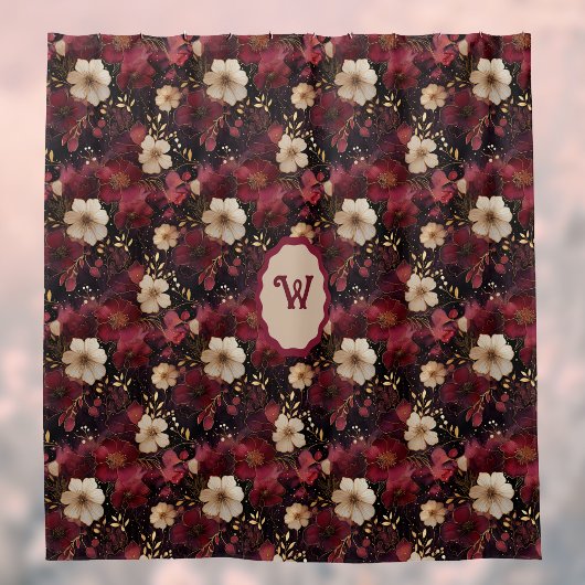 ブラックブルゴーニュ金ゴールドクリームヴィンテージフローラモノグラム シャワーカーテン