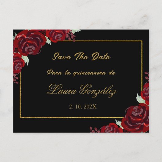 ブラックブルゴーニュSave the Date quinceaenera インビテーションポストカード (正面)
