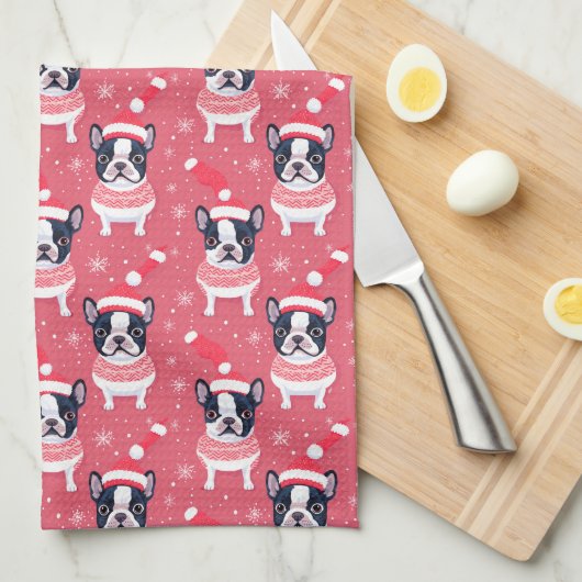 ブラックブルフランスのドッグのクリスマス用キッチンタオル キッチンタオル (四つ折り)