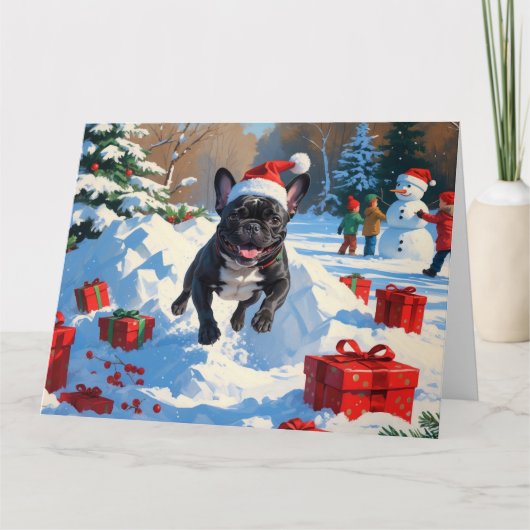 ブラックブルフランスのドッグクリスマスフェスティバルスノーシーン カード (正面)