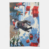 ブラックブルフランスのドッグクリスマスフェスティバルスノーシーン キッチンタオル (縦)