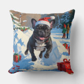 ブラックブルフランスのドッグクリスマスフェスティバルスノーシーン クッション (正面)