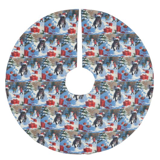ブラックブルフランスのドッグクリスマスフェスティバルスノーシーン ブラッシュドポリエステルツリースカート (正面)