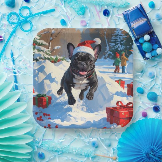 ブラックブルフランスのドッグクリスマスフェスティバルスノーシーン ペーパープレート (パーティー)