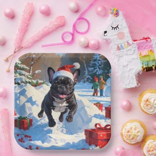 ブラックブルフランスのドッグクリスマスフェスティバルスノーシーン ペーパープレート (パーティー)