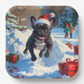 ブラックブルフランスのドッグクリスマスフェスティバルスノーシーン ペーパープレート (正面)