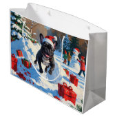 ブラックブルフランスのドッグクリスマスフェスティバルスノーシーン ラージペーパーバッグ (裏面アングル)