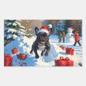 ブラックブルフランスのドッグクリスマスフェスティバルスノーシーン 長方形シール (正面)