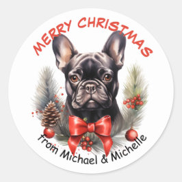 ブラックブルフランスのドッグクリスマスレッドボウリース ラウンドシール