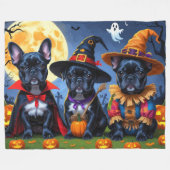 ブラックブルフランスのドッグズパンプキンハロウィンおもしろい フリースブランケット (正面(横))