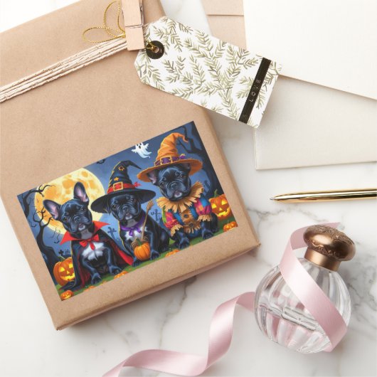 ブラックブルフランスのドッグズパンプキンハロウィンおもしろい 長方形シール (ギフト)