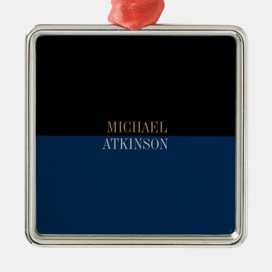 ブラックブルーはっきりした文字スタイリッシュトレンディー メタルオーナメント (正面)