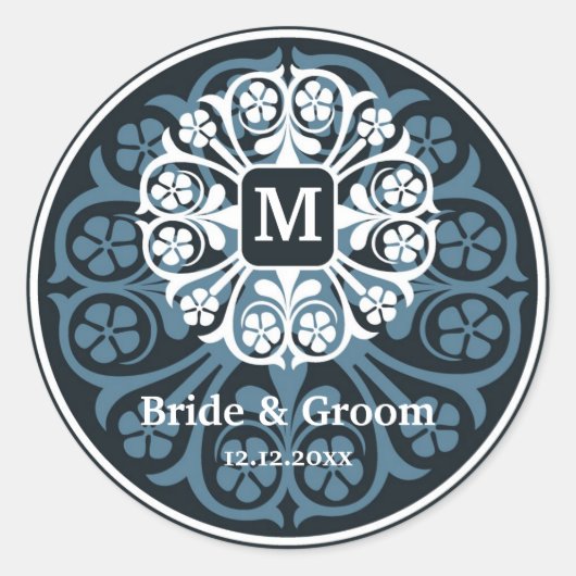 ブラックブルーイニシャルMモノグラムシールパーティーの好意 ラウンドシール (正面)