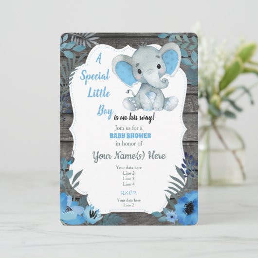 ブラックブルーエレファントベビーシャワー招待状 招待状 (スタンド正面)
