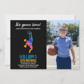 ブラックブルーオレンジバスケットボール誕生日（写真付） 招待状 (正面)