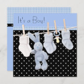 ブラックブルークロテーラインシャワー男の赤ちゃん 招待状 (正面/裏面)