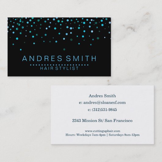 ブラックブルーグリッターホイフェイクル紙吹雪美容師 名刺 (正面/裏面)