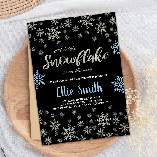 ブラックブルーグリッター冬ベビーシャワー招待状 招待状