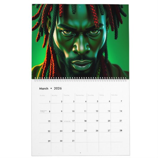 ブラックブルーグリーンと羨望のアフリカ人のロック カレンダー (3月 2026)