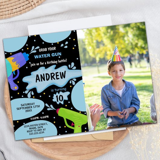 ブラックブルーグリーンフォトウォーターガン誕生日 招待状