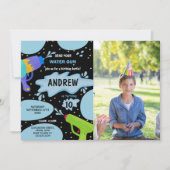 ブラックブルーグリーンフォトウォーターガン誕生日 招待状 (正面)