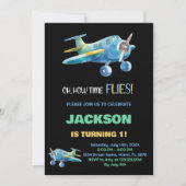 ブラックブルーグリーン飛行機誕生日招待状 招待状 (正面)