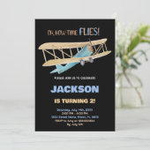 ブラックブルーグリーン飛行機誕生日招待状 招待状 (スタンド正面)