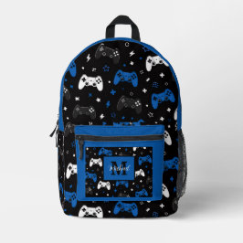 ブラックブルーゲームコントローラーパターンのモノグラム名 プリントバックパック