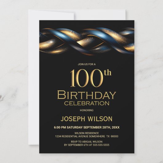 ブラックブルーゴールド 100歳の誕生日パーティー 招待状 (正面)