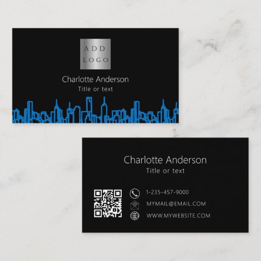 ブラックブルーシティ実在スキライン不動産ロゴQRコード 名刺 (正面/裏面)