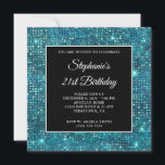 ブラックブルーティール（緑がかった色）ダイヤモンドスタッズフォイル21st誕生日 招待状<br><div class="desc">自分のマイルストーファンシーンスタイリッシュドの誕生祝いスクエアの招待を友最高の人に作成する。オーバーレイには、彼女の招待状情報のための正方形の黒と白（カスタマイズ可能）が備えられている。フォントカスタマイズのスタイル、色とサイズを選択できる。背景にはピカピカフェイククの青いティール（緑がかった色）色のダイヤモンドグリッターが詰め込まれた豪華なフォイルモダンデジタルアートの要素が写真のようにプリント。あなたの友ガーリー人のための素晴らしいグラムのバースデ最高のースの招待状。</div>