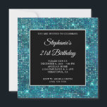 ブラックブルーティール（緑がかった色）ダイヤモンドスタッズフォイル21st誕生日 招待状<br><div class="desc">自分のマイルストーファンシーンスタイリッシュドの誕生祝いスクエアの招待を友最高の人に作成する。オーバーレイには、彼女の招待状情報のための正方形の黒と白（カスタマイズ可能）が備えられている。フォントカスタマイズのスタイル、色とサイズを選択できる。背景にはピカピカフェイククの青いティール（緑がかった色）色のダイヤモンドグリッターが詰め込まれた豪華なフォイルモダンデジタルアートの要素が写真のようにプリント。あなたの友ガーリー人のための素晴らしいグラムのバースデ最高のースの招待状。</div>