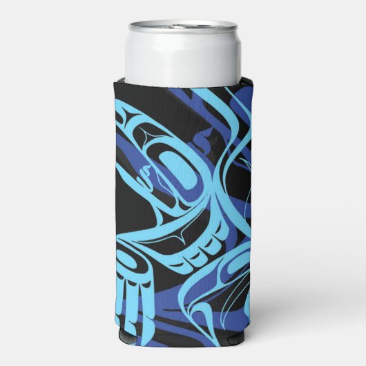ブラックブルーハイダイーグルサンダーバード先住民アート スリム缶クーラー (Seltzer正面)