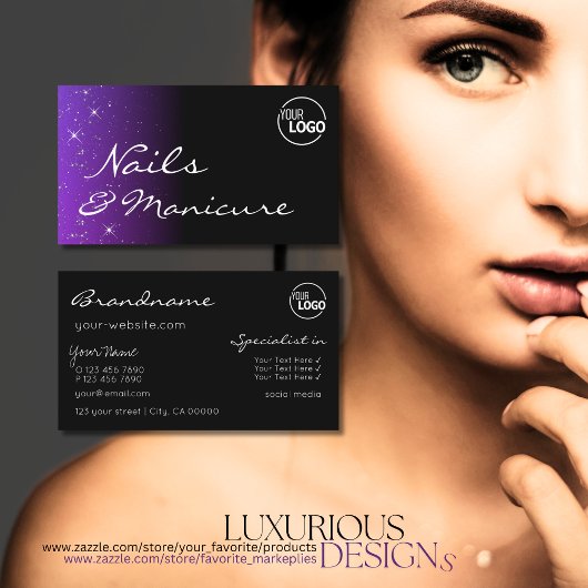 ブラックブルーパープルグリッタースター(ロゴ付き) スタイリッシュ 名刺