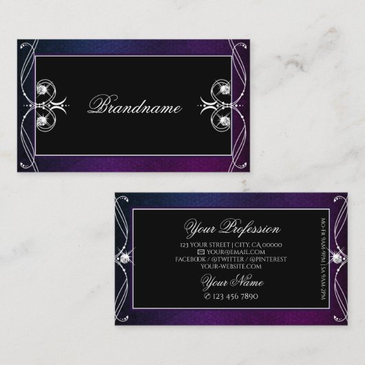 ブラックブルーパープルスパークルダイヤモンド華美オーナメント 名刺 (正面/裏面)