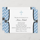 ブラックブルーパールクロスブルーギンガム《キリスト教》洗礼式や命名式 招待状 (正面/裏面)