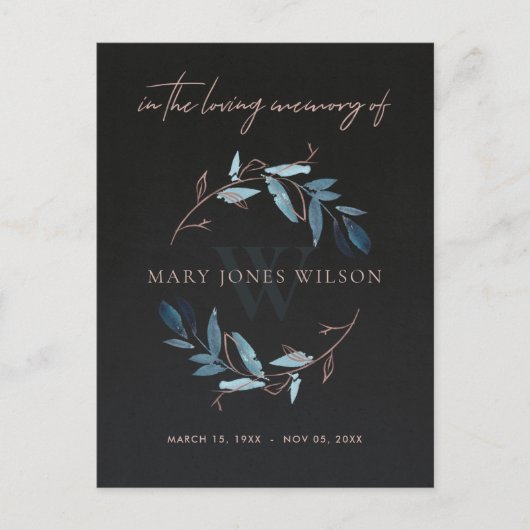 ブラックブルーピンクの葉リースメモリアル インビテーションポストカード (正面)