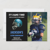 ブラックブルーフォトサッカー誕生日招待状 招待状 (正面)