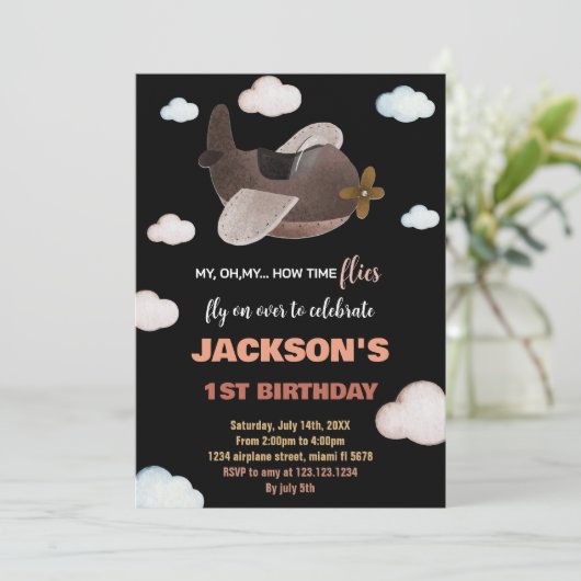 ブラックブルーブラウン飛行機誕生日招待状 招待状 (スタンド正面)