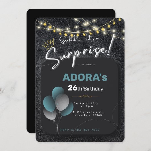 ブラックブルーホワイトサプライズ誕生日の招待状 招待状 (正面/裏面)