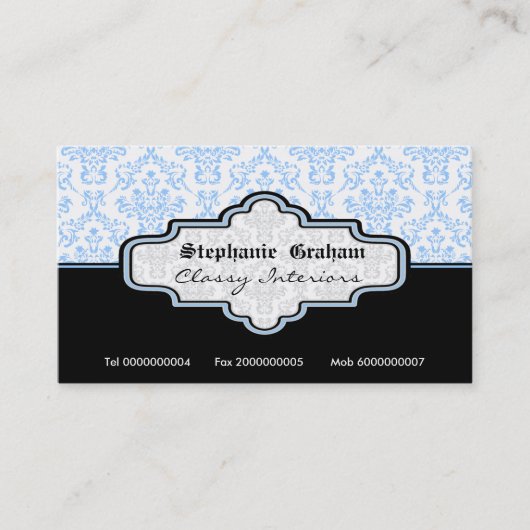 ブラックブルーホワイトダマスクインテリア名刺 名刺 (正面)
